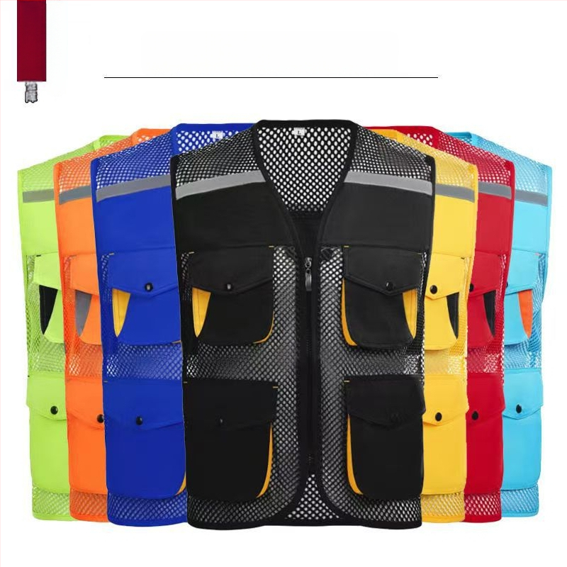 Vestă din plasă de pescuit pentru voluntari, cu logo imprimat, respirabilă, reflectorizantă, închidere cu fermoar, potrivită pentru toate anotimpurile