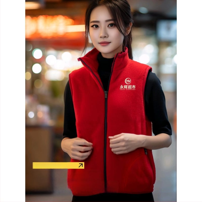 Vesta căptușită cu fleece, imprimare logo, pentru echipament de lucru de iarnă (fermoar frontal, fără glugă, croială lejeră)