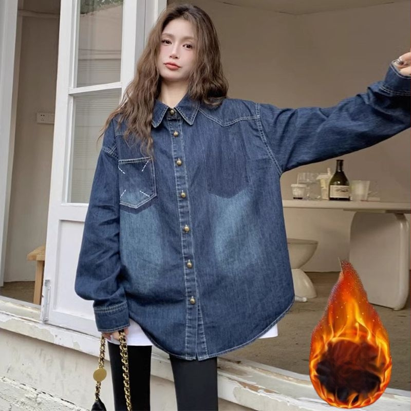 Plus-size retro džins košulja za žene, podstava od flisa, širok kroj, dugi rukav, jesen-zima 2025