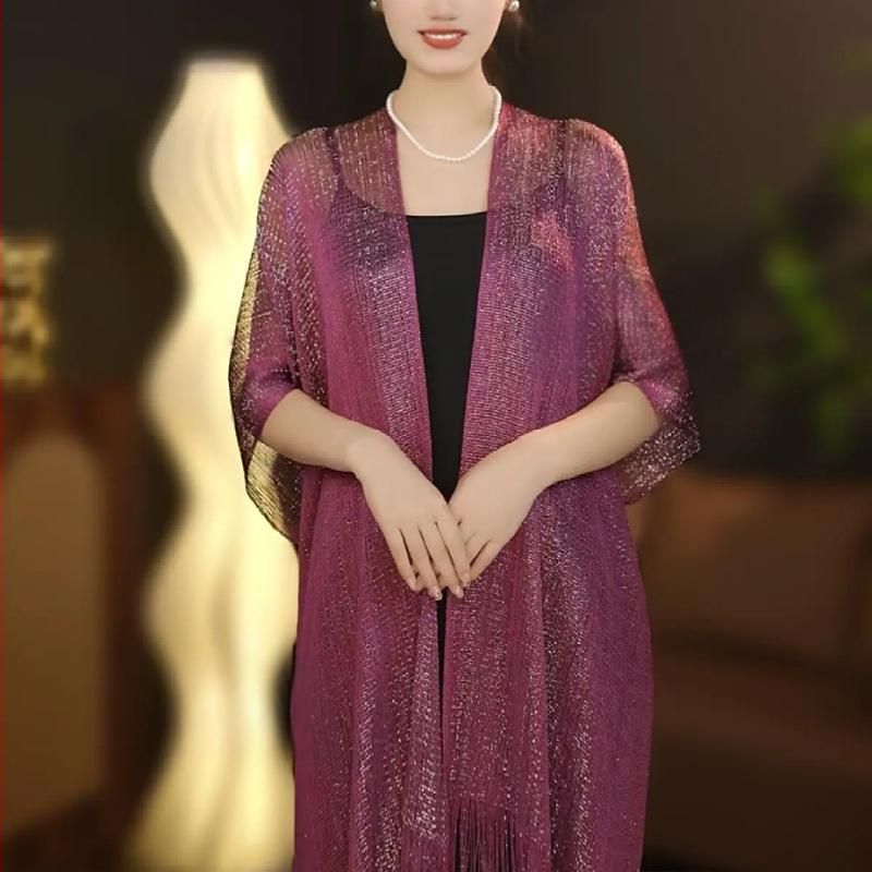 Pikk sall lillemustriga ja päikesekaitsega, Jaapani ja Koreaga stiilidest inspireeritud, sobib suveks, kevadeks ja sügiseks