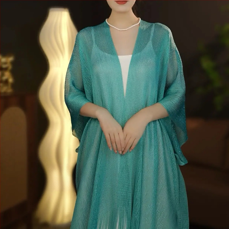 Pikk sall lillemustriga ja päikesekaitsega, Jaapani ja Koreaga stiilidest inspireeritud, sobib suveks, kevadeks ja sügiseks