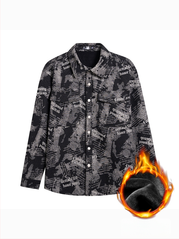 Fleece-betétes és vastag anyagú farmerdzseki ing gallérral, patch zsebekkel, 65% pamut / 35% poliészter, fiatalokat célzó utcai stílus, téli viselet