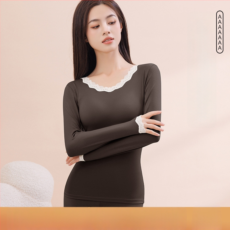 Top termic pentru femei, bază, cu dantelă la margine, viscoză ultra-subțire cu căptușeală de modal, guler rotund, pulover, croială slim