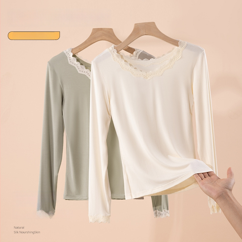 Top termic pentru femei, bază, cu dantelă la margine, viscoză ultra-subțire cu căptușeală de modal, guler rotund, pulover, croială slim
