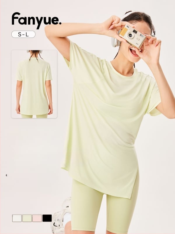 Top de yoga pentru femei cu uscare rapidă, mânecă scurtă, croială lejeră, lungime peste șold, 89% poliester + 11% spandex