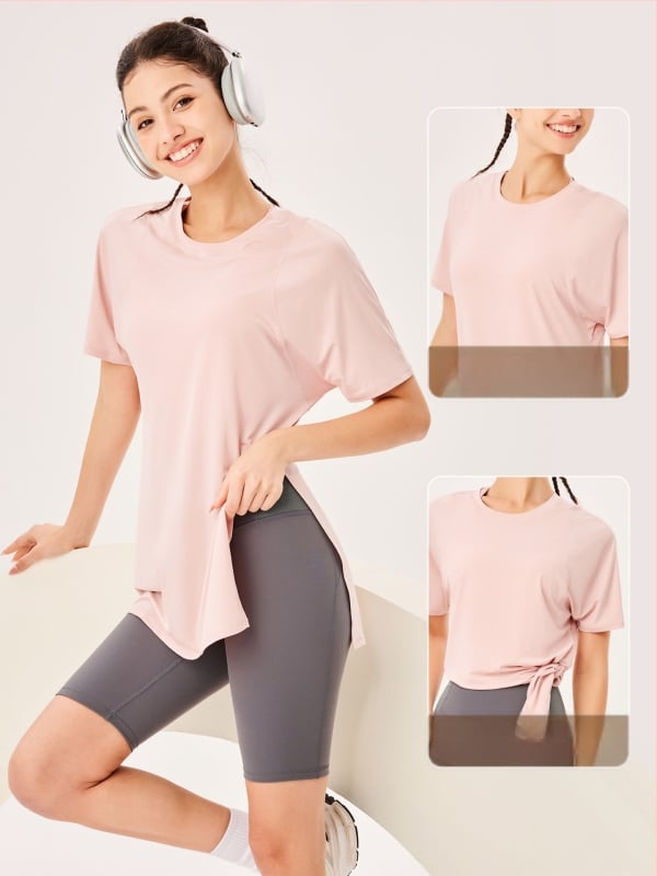 Top de yoga pentru femei cu uscare rapidă, mânecă scurtă, croială lejeră, lungime peste șold, 89% poliester + 11% spandex