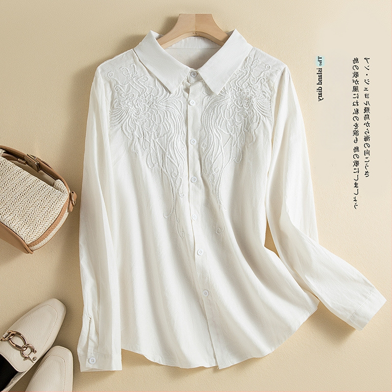 Cămașă brodată cu mâneci lungi, tăiere tridimensională, guler de cămașă, primăvara 2024, croială lejeră