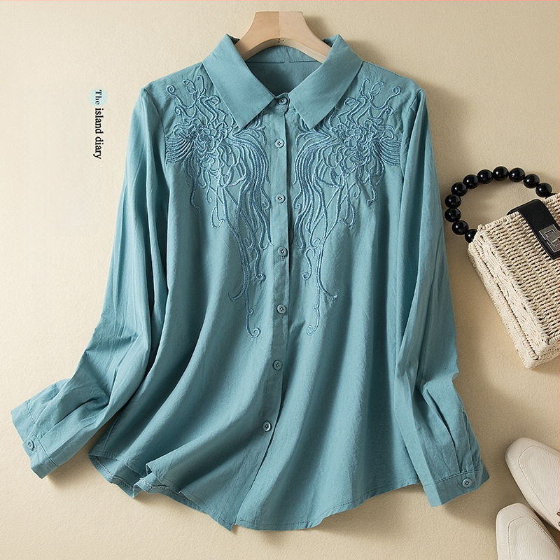 Cămașă brodată cu mâneci lungi, tăiere tridimensională, guler de cămașă, primăvara 2024, croială lejeră