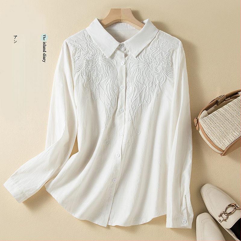Cămașă brodată cu mâneci lungi, tăiere tridimensională, guler de cămașă, primăvara 2024, croială lejeră