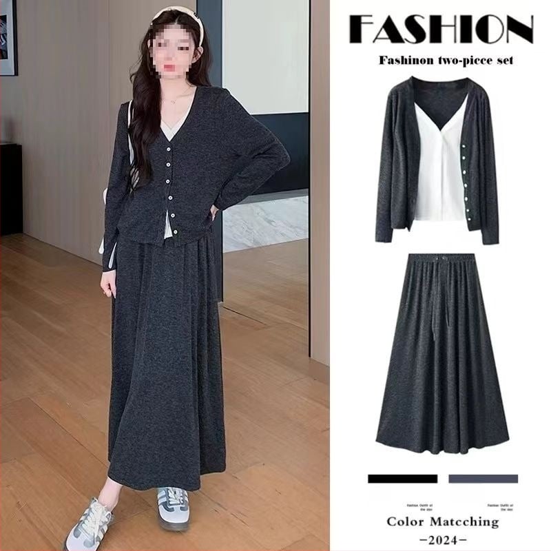 Kismama két részes szett – Chenille anyag, 50–70% Spandex, hosszú ujjú felső és szoknyás kosztüm, Japán–Koreai lazább stílus, őszi–téli szezon