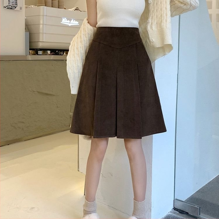 Corduroy midi sijonas moterims, aukštas liemuo su kišenėmis, plisė, medvilnės mišinio audinys