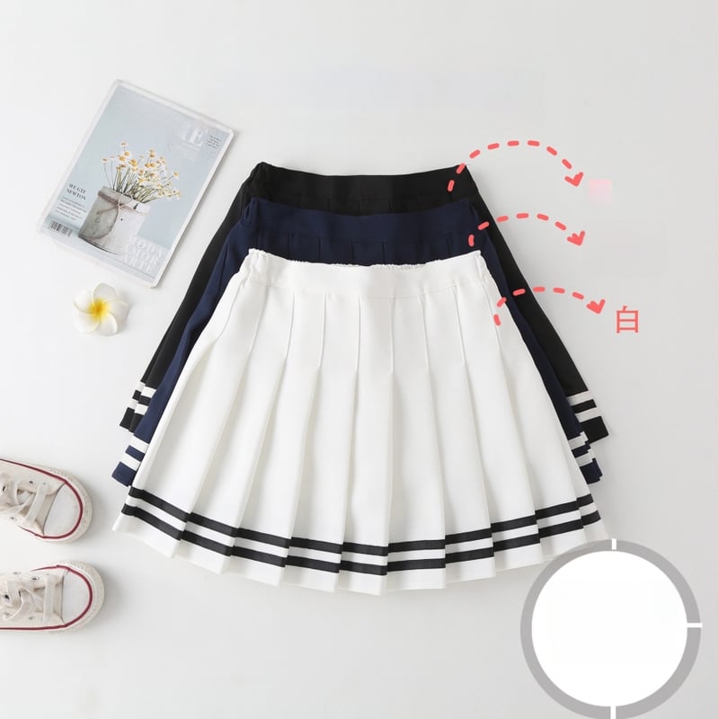 Fustă plisată pentru fete, talie înaltă, linie A, stil JK, dungată. Material: amestec poliester-bumbac; țesătura principală 88% poliester; căptușeală poliester 71–80%.