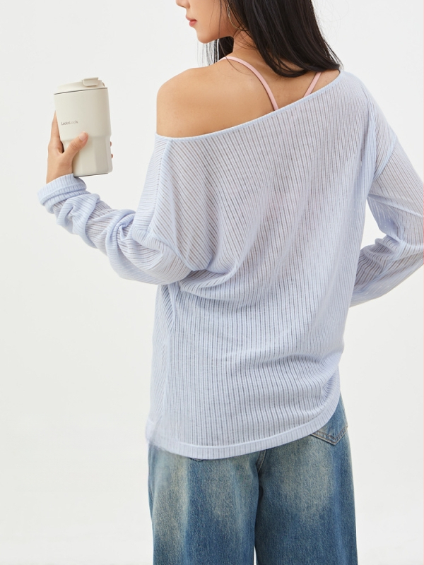 Bluza tricotată cu umeri goi – moale din amestec poliester, 85% poliester 15% viscoză, mâneci lungi, croială lejeră, lungime standardă