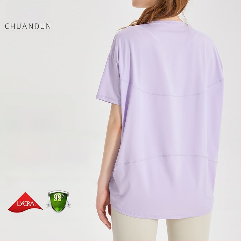 Top de yoga pentru femei, uscare rapidă, material Ice Silk; compoziție 83% nylon + 17% spandex; protecție solară și acțiune bacteriostatică; mâneci scurte; lungime la șolduri