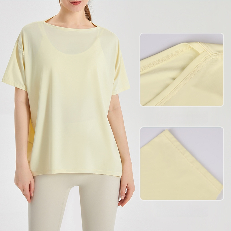 Top de yoga pentru femei, uscare rapidă, material Ice Silk; compoziție 83% nylon + 17% spandex; protecție solară și acțiune bacteriostatică; mâneci scurte; lungime la șolduri