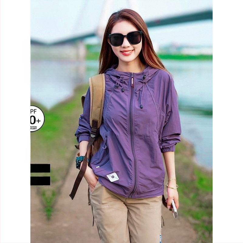 Geacă unisex de exterior cu protecție UV UPF50+, din țesătură ice silk, nailon, cu glugă, ușoară pentru vară