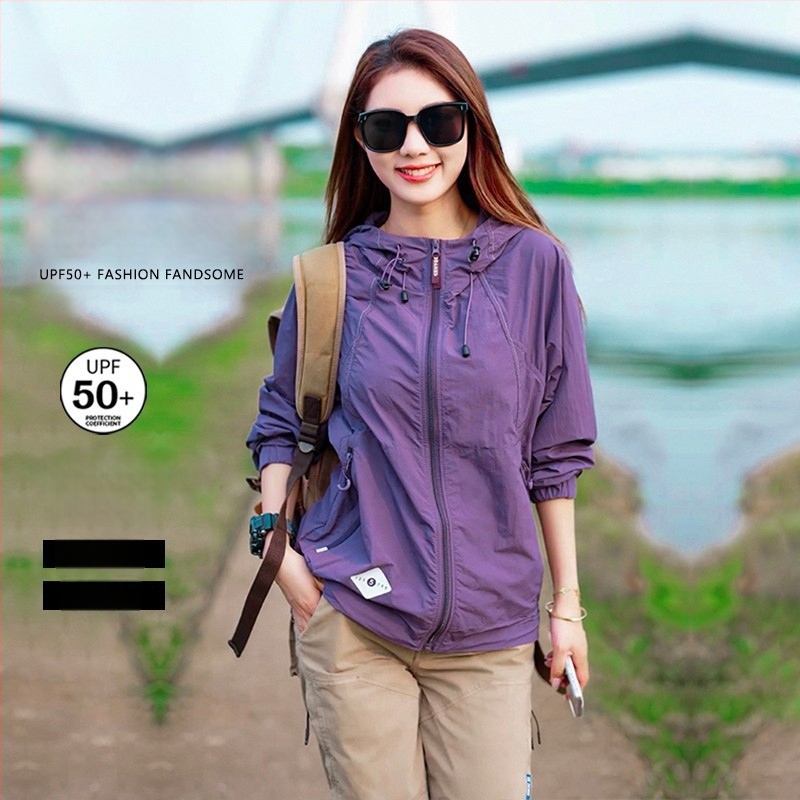 Geacă unisex de exterior cu protecție UV UPF50+, din țesătură ice silk, nailon, cu glugă, ușoară pentru vară