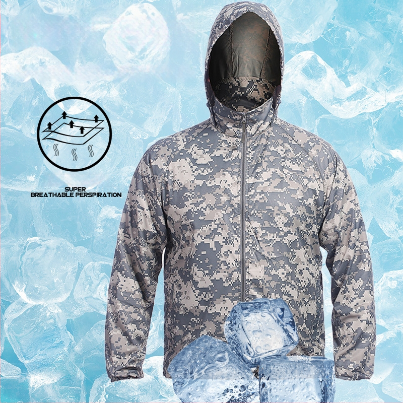 Geacă ușoară camuflaj cu glugă — poliester, protecție UV, pentru drumeții, camping și pescuit