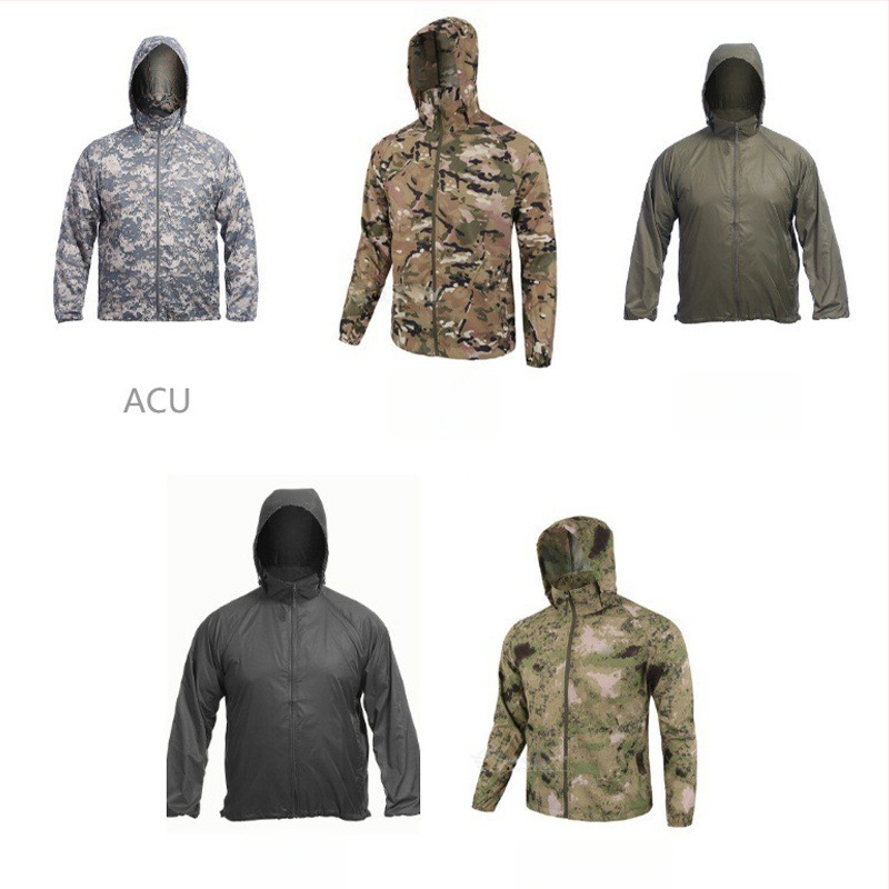Geacă ușoară camuflaj cu glugă — poliester, protecție UV, pentru drumeții, camping și pescuit