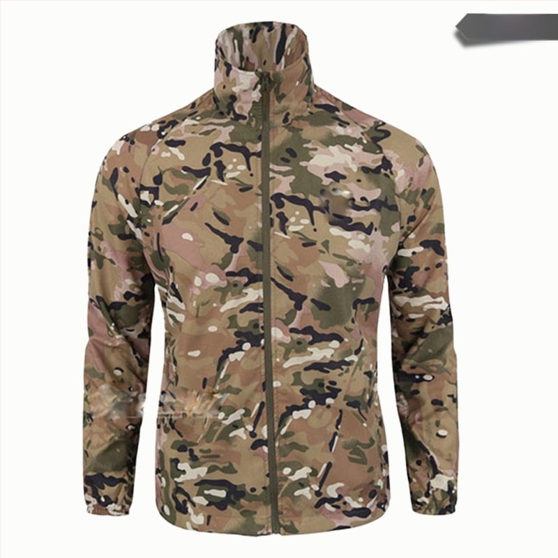 Geacă ușoară camuflaj cu glugă — poliester, protecție UV, pentru drumeții, camping și pescuit