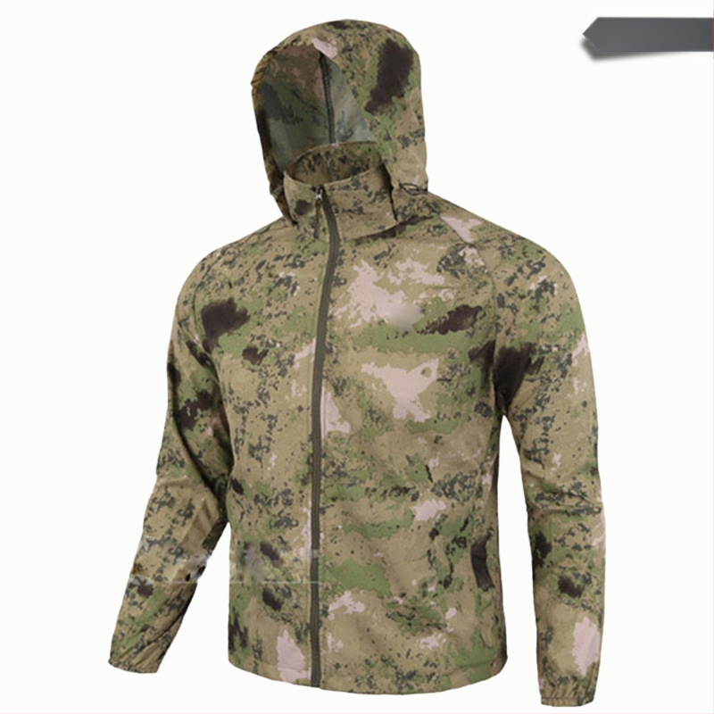 Geacă ușoară camuflaj cu glugă — poliester, protecție UV, pentru drumeții, camping și pescuit