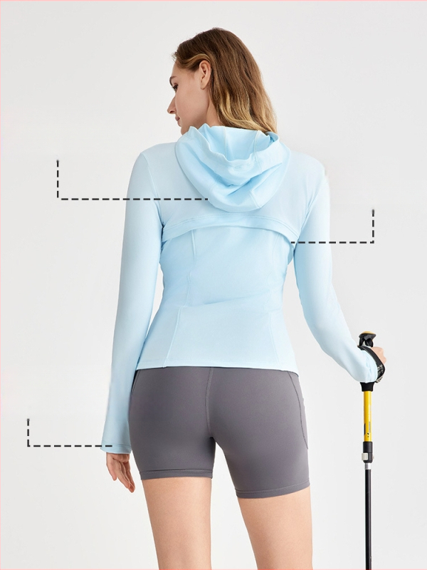 Jachetă pentru femei cu protecție solară UPF50+ cu glugă (croială Slim, material răcoros, găuri pentru degetul mare)