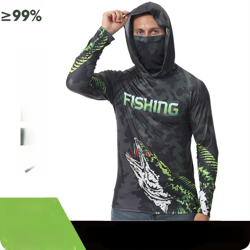 Jachetă de pescuit outdoor pentru bărbați, protecție UV UPF 15-25+, uscare rapidă, respirabilă, absorbția umezelii, glugă, mâneci lungi, poliester