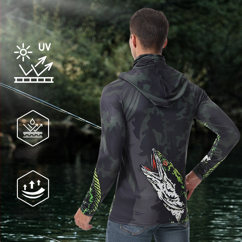 Jachetă de pescuit outdoor pentru bărbați, protecție UV UPF 15-25+, uscare rapidă, respirabilă, absorbția umezelii, glugă, mâneci lungi, poliester