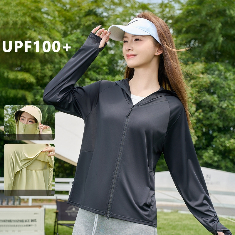 Geacă UV pentru femei cu glugă, ușoară și respirabilă, materiale poliester (conținut 81–95%), vara 2025