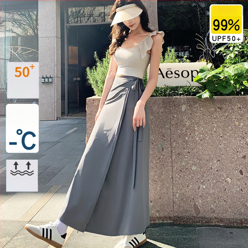 Fustă de protecție solară cu șnururi, material Ice Silk, lungime peste genunchi, stil plajă, UV50+