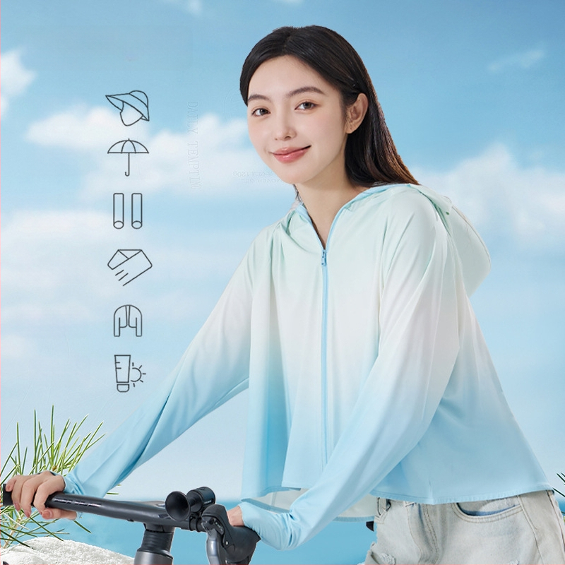 Női gradient UV-védő felső kapucnival, vékony poliészterből, Slim fit, UPF50+