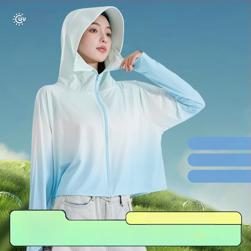Női gradient UV-védő felső kapucnival, vékony poliészterből, Slim fit, UPF50+