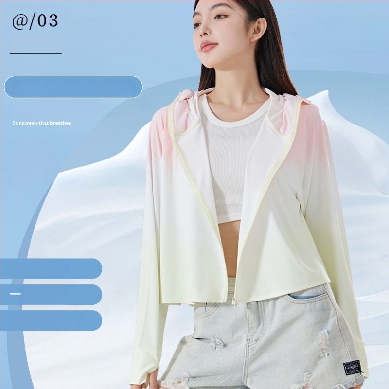 Női gradient UV-védő felső kapucnival, vékony poliészterből, Slim fit, UPF50+