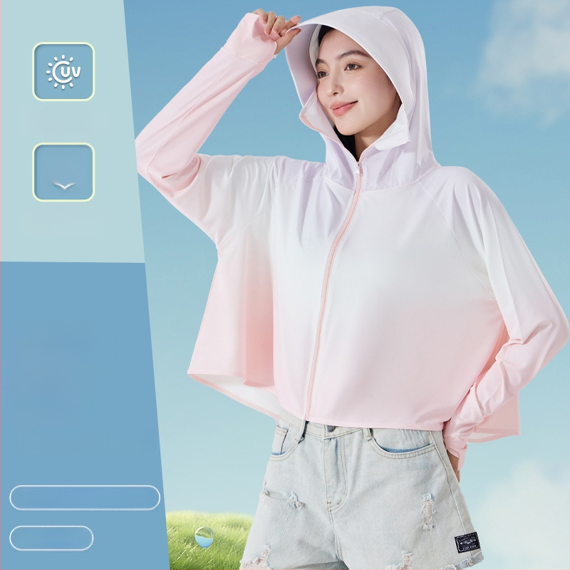 Női gradient UV-védő felső kapucnival, vékony poliészterből, Slim fit, UPF50+