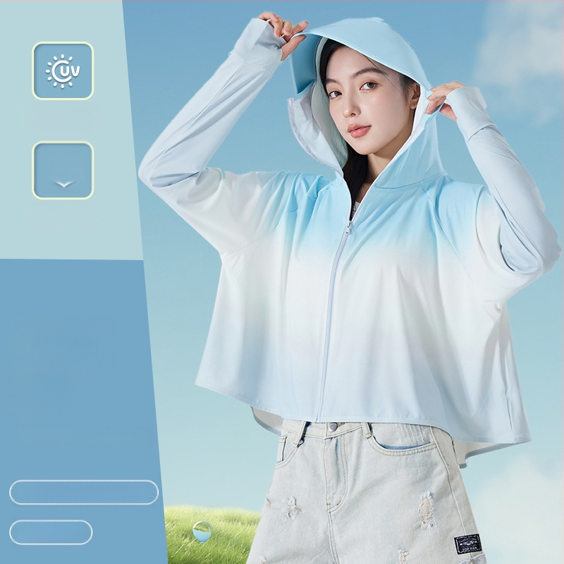 Női gradient UV-védő felső kapucnival, vékony poliészterből, Slim fit, UPF50+