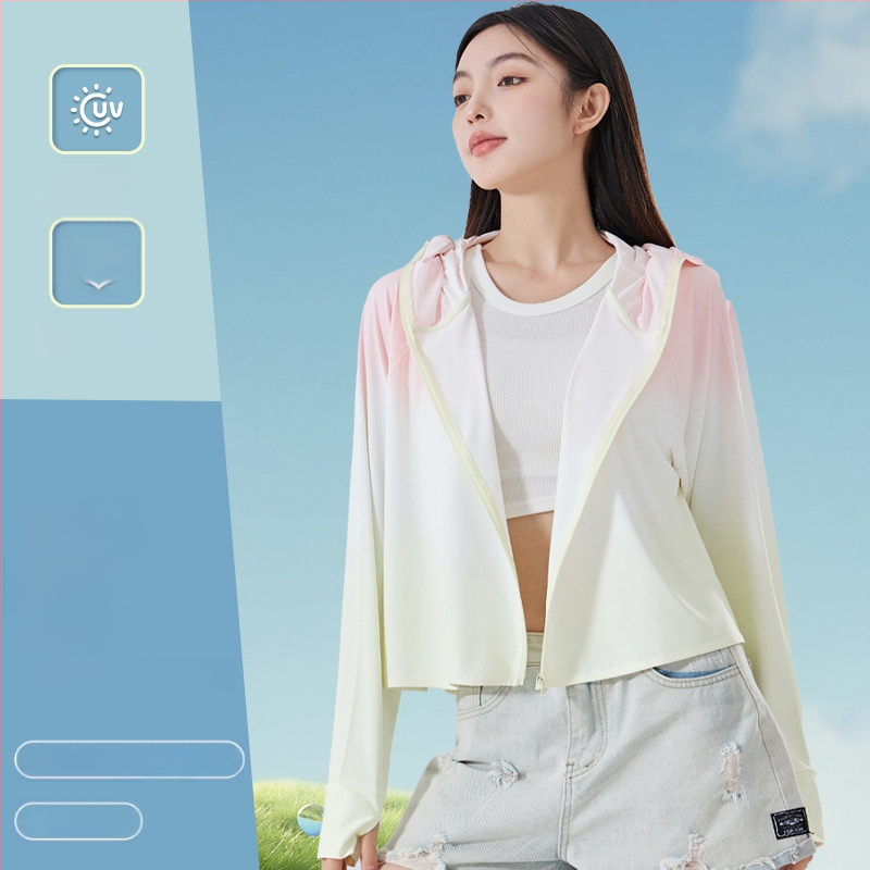 Női gradient UV-védő felső kapucnival, vékony poliészterből, Slim fit, UPF50+