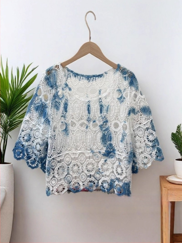 Csipkés kardigán etnikus stílusban, V-nyakú, harang alakú ujjak, anyag Tencel Lyocell, karcsúsított szabás