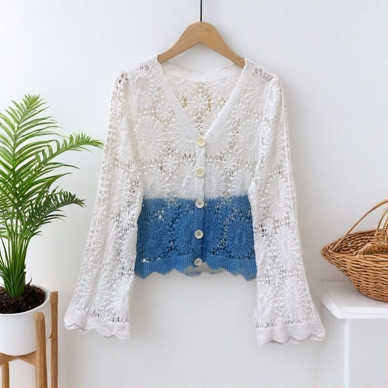 Csipkés kardigán etnikus stílusban, V-nyakú, harang alakú ujjak, anyag Tencel Lyocell, karcsúsított szabás