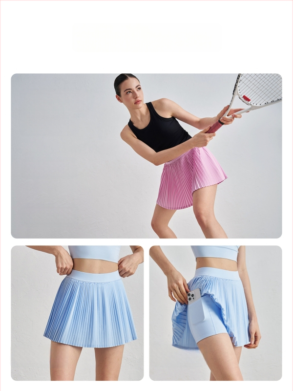 Плисирана пола с акордеонен дизайн, спортна бързосъхнеща и UV защита, Sz тъкан; 91% полиестер + 9% еластан (110 g) или 82% полиестер + 18% еластан (210 g)