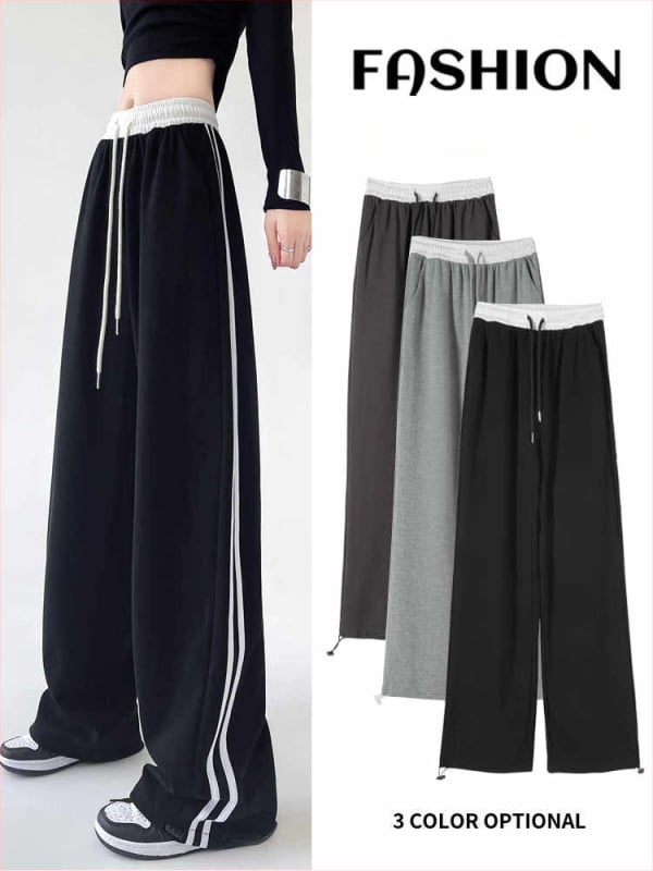 Дамски памучни спортни панталони с висока талия, еластична талия, широки крачоли и патчворк ивици