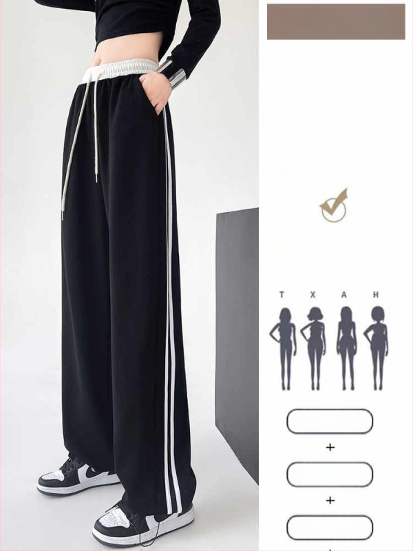 Дамски памучни спортни панталони с висока талия, еластична талия, широки крачоли и патчворк ивици