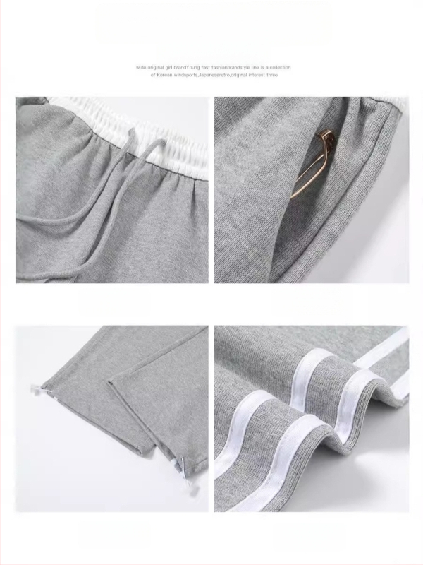 Дамски памучни спортни панталони с висока талия, еластична талия, широки крачоли и патчворк ивици