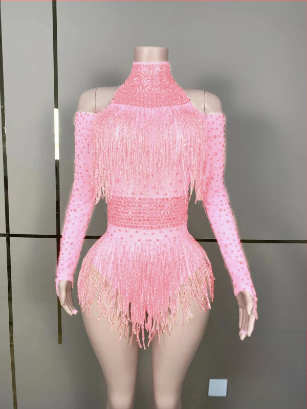 Salopetă de reprezentație cu cristale și ciucuri pentru cântărețe și echipe de dans — lansare vară 2023; țesătură Spandex 50–70%, Poliester 30–50%; imprimeu; stil: neutră; proaspăt și dulce