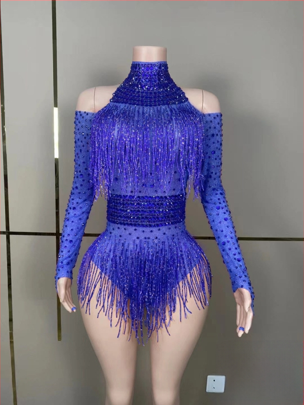 Salopetă de reprezentație cu cristale și ciucuri pentru cântărețe și echipe de dans — lansare vară 2023; țesătură Spandex 50–70%, Poliester 30–50%; imprimeu; stil: neutră; proaspăt și dulce