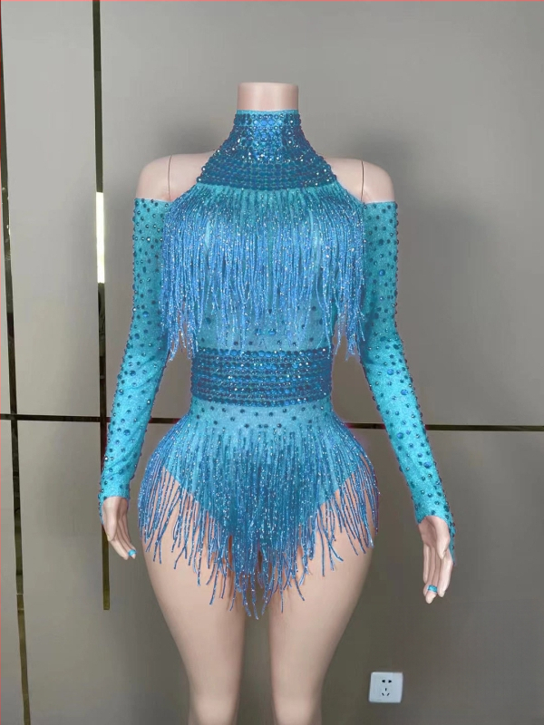 Salopetă de reprezentație cu cristale și ciucuri pentru cântărețe și echipe de dans — lansare vară 2023; țesătură Spandex 50–70%, Poliester 30–50%; imprimeu; stil: neutră; proaspăt și dulce