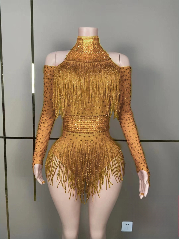 Salopetă de reprezentație cu cristale și ciucuri pentru cântărețe și echipe de dans — lansare vară 2023; țesătură Spandex 50–70%, Poliester 30–50%; imprimeu; stil: neutră; proaspăt și dulce