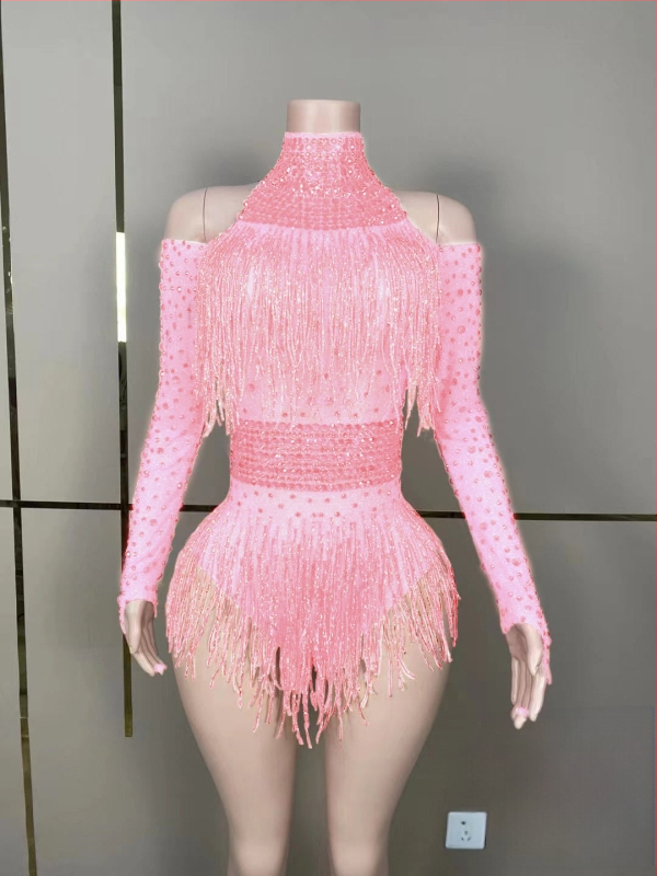 Salopetă de reprezentație cu cristale și ciucuri pentru cântărețe și echipe de dans — lansare vară 2023; țesătură Spandex 50–70%, Poliester 30–50%; imprimeu; stil: neutră; proaspăt și dulce