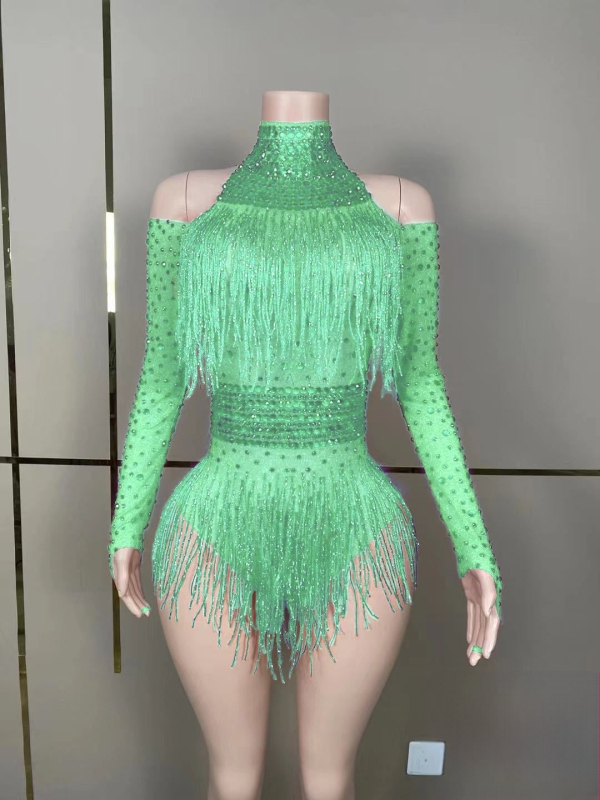 Salopetă de reprezentație cu cristale și ciucuri pentru cântărețe și echipe de dans — lansare vară 2023; țesătură Spandex 50–70%, Poliester 30–50%; imprimeu; stil: neutră; proaspăt și dulce