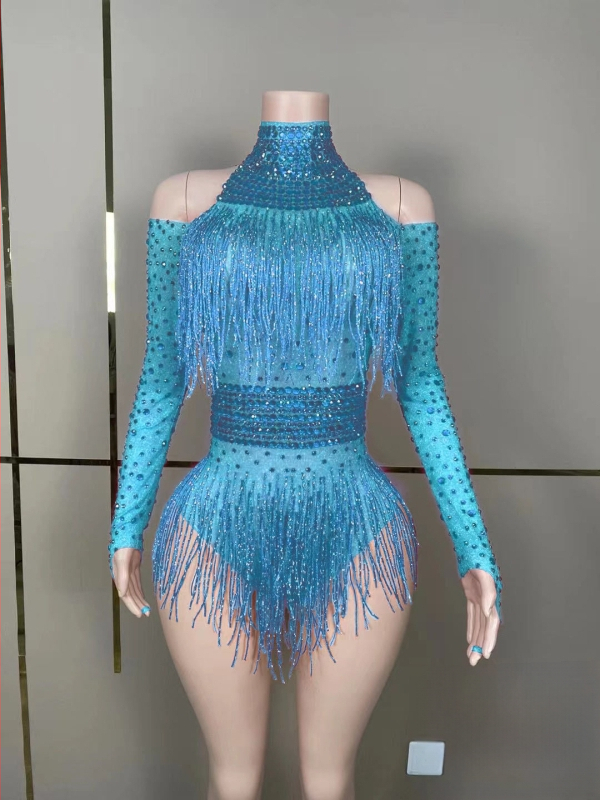 Salopetă de reprezentație cu cristale și ciucuri pentru cântărețe și echipe de dans — lansare vară 2023; țesătură Spandex 50–70%, Poliester 30–50%; imprimeu; stil: neutră; proaspăt și dulce