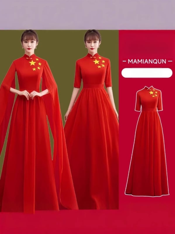 Fustă lungă de scenă pentru femei, pentru spectacole de cor, stil chinezesc retro literar, material chiffon; acetat 50–70%; poliester 50–70%